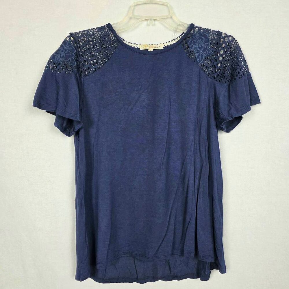 Rewind M Navy Lace Shoulder Boho Short Sleeve Top